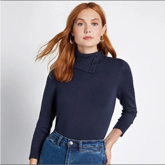 MODCLOTH Charter School Navy Blue Nautical Turtleneck Buttons Sweater - Picture 1 of 10